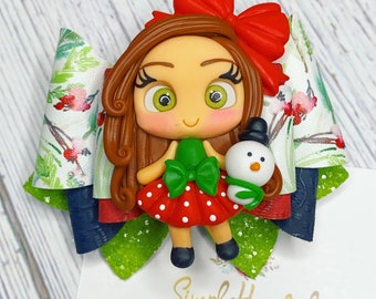 Christmas Hair Bow: Holiday Floral Print + Girl, Reindeer, Snowman, Santa + Clay Centerpiece, XMas Hair Accessory, Faux Leather, Glitter Bow
