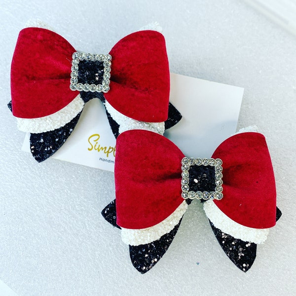 Red Velvet Santa Suit Bow, Christmas Hair Bows, Christmas Hair Clip, Toddler Girl Pigtail Set, Holiday Gift, Rhinestone Buckle, Small 3 Inch