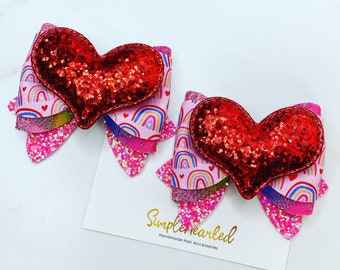 Rainbow Pigtail Set, Girl Hair Bows, Pink Rainbow Print, Glitter Heart Center