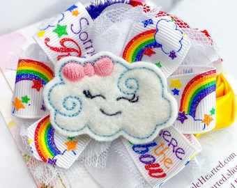 Rainbow Hair Bow with Pastel Clouds and Sunshine - Choice of Clip or Headband