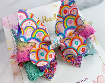 Rainbow Butterfly Girls Hair Bow, Toddler Hair Clip, Faux Leather Hair Bow, OTT Layered Hair Bow