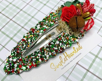 Christmas Snap Clips: Floral Snap Clips, Paper Flowers, Floral Accents, Christmas Floral Print, Snowflakes, Glitter Hair Bow Clips