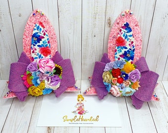 Easter Bunny Ear Hair Clips, Glitter Rabbit Ears, Floral Bunny Ear, Bunny Rabbit Bow, Costume Hair Bow Clips: OTT Over the Top Pigtail Set