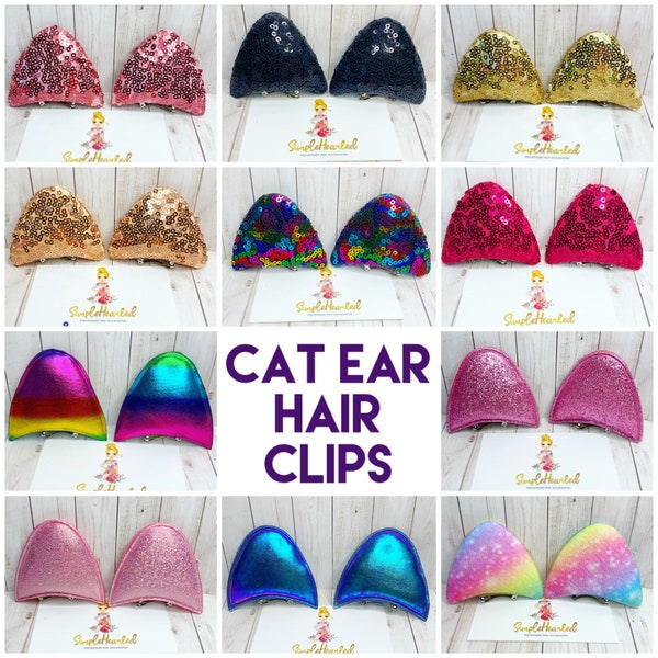Kitty Cat Ear Hair Clips,  Kitten Hair Accessory perfect for a Cat Halloween Costume, or a Gift for a Girl, Sequin, Shimmer and Fabric