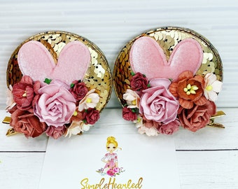 Mouse Ear Hair Clips, Floral Mouse Ears, Flower Mouse Ears, Toddler Mouse Ear, Girl Mouse Ear, Perfect for all Ages, Sequin Chunky Glitter