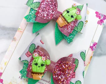 Cactus Hair Bow Pigtail Set: Faux Leather Glitter Clip