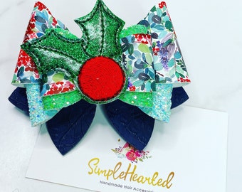 Christmas Hair Bow: Holiday Hair Bow + Winter Floral Print + Holly Poinsettia + Christmas Tree Clip + Faux Leather + Glitter + Clay Center