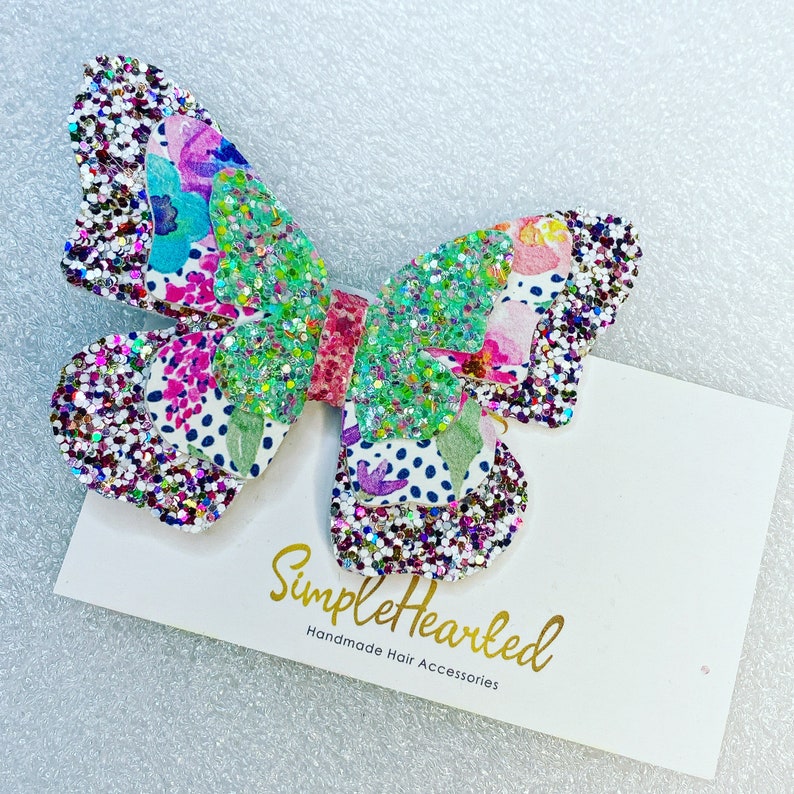 Butterfly Hair Clip, Monarch Butterfly Accessory, Side Part Bow, School Hair Bow, Festival Bow, Pastel & Bright Color, Floral Rainbow Print Photo 1