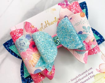 Flower Hair Bow Clip: OTT Over the Top Single Bow, Floral Print