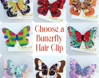 Butterfly Hair Clip, Monarch Butterfly Accessory, Side Part Bow, School Hair Bow, Festival Bow, Pastel & Bright Color, Floral Rainbow Print