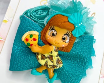 Pizza Bow Hair Clip, Slice of Pizza Fast Food Prints, Baby Toddler or Girl Hair Bow, Faux Leather Bow, Shed Free Glitter