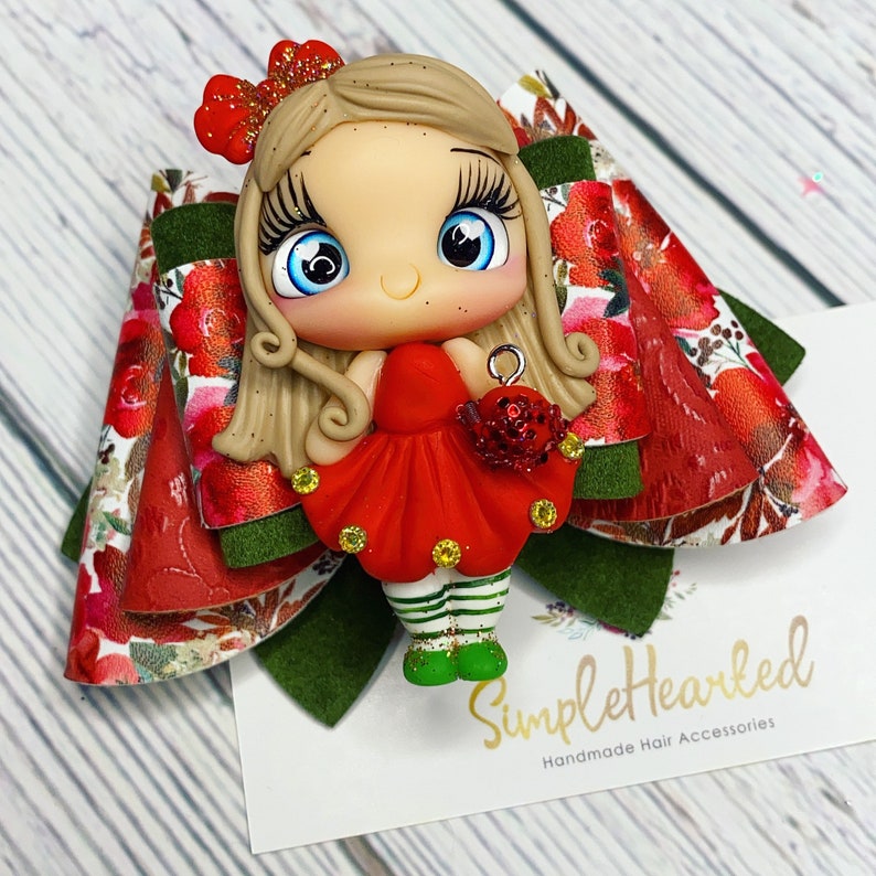 Christmas Hair Bow: Holiday Floral Print Girl, Reindeer, Snowman, Santa Clay Centerpiece, XMas Hair Accessory, Faux Leather, Glitter Bow image 1