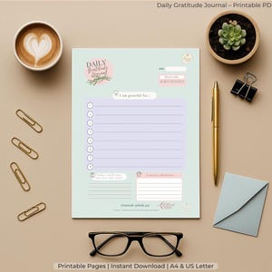 Diario de gratitud – PDF imprimible / A4 + tamaño carta / Página de autorreflexión y afirmación / Herramienta para el bienestar mental