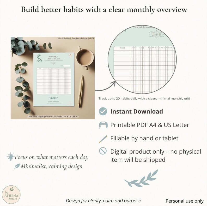Monthly Habit Tracker – Printable PDF | A4 + US Letter | Minimalist ...