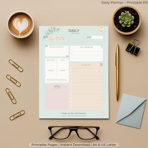 Planificador diario: PDF imprimible, tranquilo y claro / A4 + Carta / Diseño elegante para tareas, prioridades, autocuidado y concentración plena