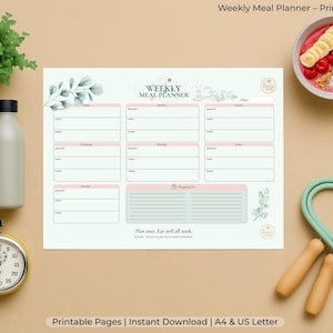 Wekelijkse maaltijdplanner – afdrukbare pdf | A4 + US Letter | Plan je week vol maaltijden met duidelijkheid en rust | Boodschappen- en menu-organizer