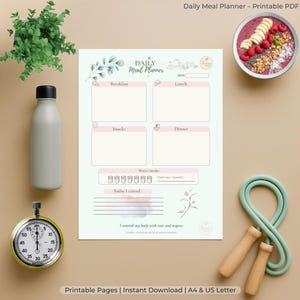 Planificador de comidas diario (PDF imprimible, A4 + Carta EE. UU.) / Registro de comidas, antojos y agua / Plantilla de diario de comidas / Descarga digital