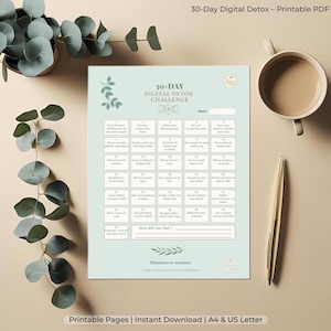 30-dniowe wyzwanie Digital Detox – PDF do wydrukowania | A4 + list US | Uważny reset czasu ekranowego | Narzędzie do samoopieki i dobrego samopoczucia