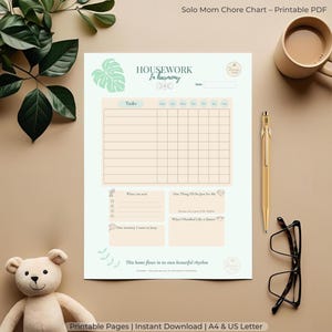Tabla de tareas para mamás solteras: Planificador de tareas domésticas sencillas / PDF imprimible A4 + Carta / Seguimiento de tareas semanales con reflexión y autocuidado
