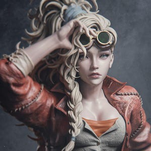 May include: A detailed bust of a woman with long, blonde hair in a braid, wearing a red leather jacket and goggles. The jacket has visible stitching and a high collar. The woman is holding the goggles up to her forehead.