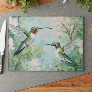 Glass Cutting Board, Kitchen Decor, Unique Gift for Chefs, Bird Lover Gift, Thanksgiving, Wedding Registry, Floral Hummingbird Art