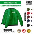 Grab Men’s Green Bomber Jacket, Urban Rider Courier Style, Reflective Windbreaker Streetwear, Delivery Motorcycle Jacket Inspired Look, Grab product logo