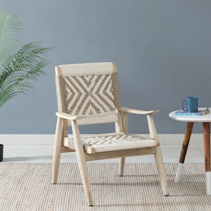 Handcrafted Wooden Accent Chair with Woven Cotton Rope Backrest
