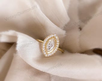 Marquise Moissanite Halo Ring Set, Solid Gold Anniversary Bridal Ring