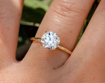 14k Solid Gold Moissanite Engagement Ring, Round Solitaire Promise Ring
