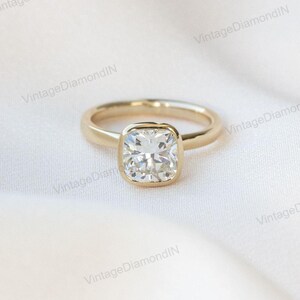 Cushion Moissanite Engagement Ring, Yellow Gold Bezel, Sterling Silver Band