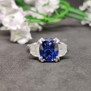 Three Stone style Cushion Cut Blue Sapphire Gemstone & Half Moon Cut Moissanite Engagement Ring for Women, White Gold Ring, Anniversary Gift