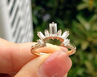 14K Gold Chevron Moissanite Ring, Art Deco Baguette Wedding Band
