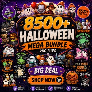 May include: A digital graphic advertisement for an 8500+ Halloween Mega Bundle of PNG files. The image features various cartoon-style Halloween characters, including ghosts, pumpkins, and horror figures, with text reading 8500+ HALLOWEEN MEGA BUNDLE.