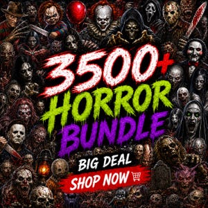 Puede incluir: Un gráfico digital que presenta un collage de varios personajes de películas de terror y monstruos. El texto dice 3500+ HORROR BUNDLE en blanco, verde y morado, seguido de BIG DEAL y SHOP NOW con un icono de carrito de compras en rojo.