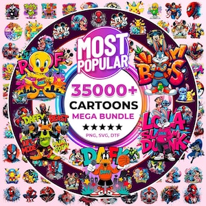 May include: A circular graphic featuring cartoon characters like Bugs Bunny, Daffy Duck, and Spider-Man. The text "MOST POPULAR" and "35000+ CARTOONS MEGA BUNDLE" are prominently displayed. The image is filled with colorful cartoon illustrations.
