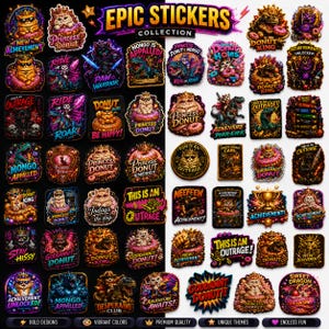 May include: A collection of colorful stickers featuring cats, dinosaurs, and donuts with text including "Epic Stickers Collection," "Princess Donut," "Donut King," "Mongo is Appalled," "This is an Outrage," "Achievement Unlocked," and "Adventure Awaits."