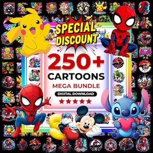 Może przedstawiać: Żywy obraz cyfrowy z popularnymi postaciami z kreskówek, takimi jak Pikachu, Spider-Man, Myszka Miki i Stitch. Obraz zawiera tekst "SPECIAL DISCOUNT" i "250+ CARTOONS MEGA BUNDLE DIGITAL DOWNLOAD" z pięcioma gwiazdkami.