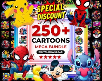 May include: A vibrant digital download graphic featuring popular cartoon characters like Pikachu, Spider-Man, Mickey Mouse, and Stitch. The image includes the text "SPECIAL DISCOUNT" and "250+ CARTOONS MEGA BUNDLE DIGITAL DOWNLOAD" with five stars.