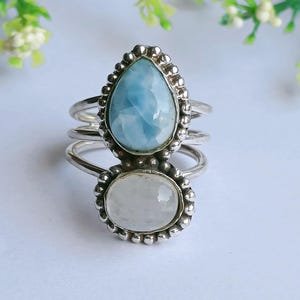 Top Grade Genuine Larimar Ring, 925 Sterling Silver Ring, Dominican Larimar Ring, Moonstone Silver Ring, Handmade Jewelry Gift For Her