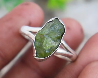 Raw Peridot Sterling Silver Ring: Natural Healing Crystal