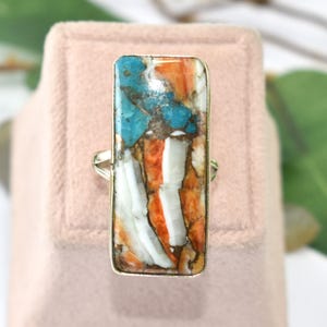 Solid 925 Sterling Silver Oyster Copper Turquoise Ring For Men Women, Handmade Long Rectangle Bar Gemstone Ring, Hammered Textured Wide Ring