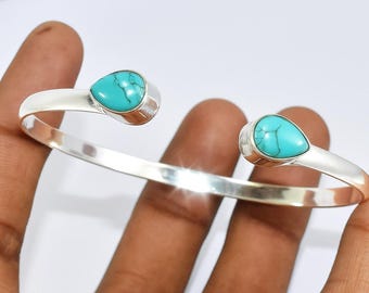ハンドメイドターコイズスターリングシルバーバングル：調節可能な宝石