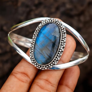 Labradorite Sterling Silver Bangle: Adjustable Gemstone Cuff