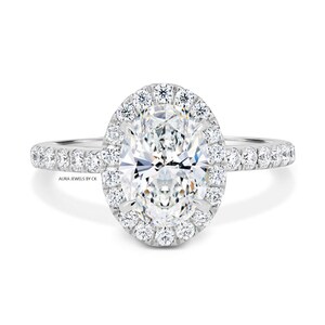 Oval Lab-Grown Diamond Halo Engagement Ring: 2.00ct, Pavé Band