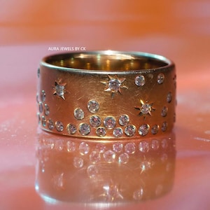 Cigar Band Ring with 1.00CT Lab-Grown Diamonds, 10mm Wide Gold Starry Celestial Design, White Yellow Rose Gold – Aura Jewels by CK