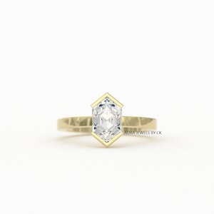 2.00CT Elongated Hexagon Lab Diamond Solitaire Ring | Half Bezel Setting in 10K 14K Gold | Modern Ethical Engagement Ring