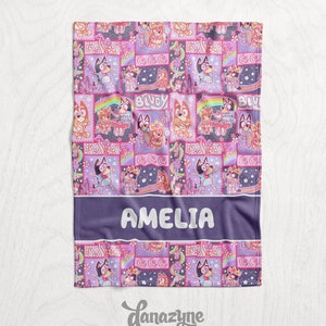 Personalized Blue Dog Heelers Tea Party Queen Inspired Blanket - Repeating Pattern Youth/Baby Name Block Style Plush Minky - Purple