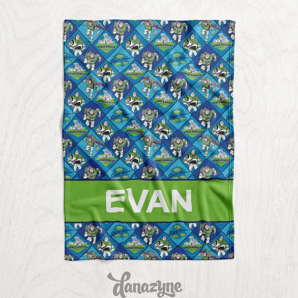 Personalized Buzz Lightyear Baby Name Blanket - Unisex Toy Story Movie Inspired Nursery Theme - Minky or Fleece - Name Block Style Blanket