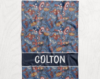 Personalized Comic Hero Character Blanket / Super Heroes Baby Name Blanket - Boys Spiderman, Ironman, Thor, Captain America - Muted Blue