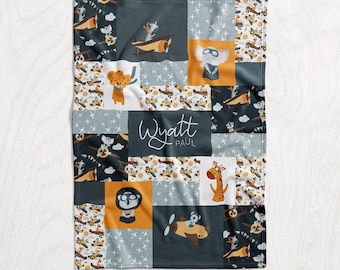 Personalized Boy's Animal Pilot Name Blanket - Lion, Cheetah, Zebra, Giraffe & Elephant - Airplane Theme Minky Personalized Faux Quilt